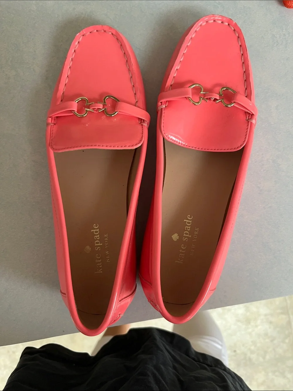 kate spade Coral Pink Leather Loafers with Gold-Tone Bit